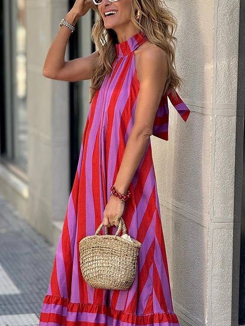 Halterneck Backless Striped Print Maxi Dress