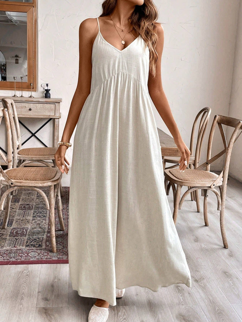 Linen blend Scoop Neck Cami dress with bow tie at back