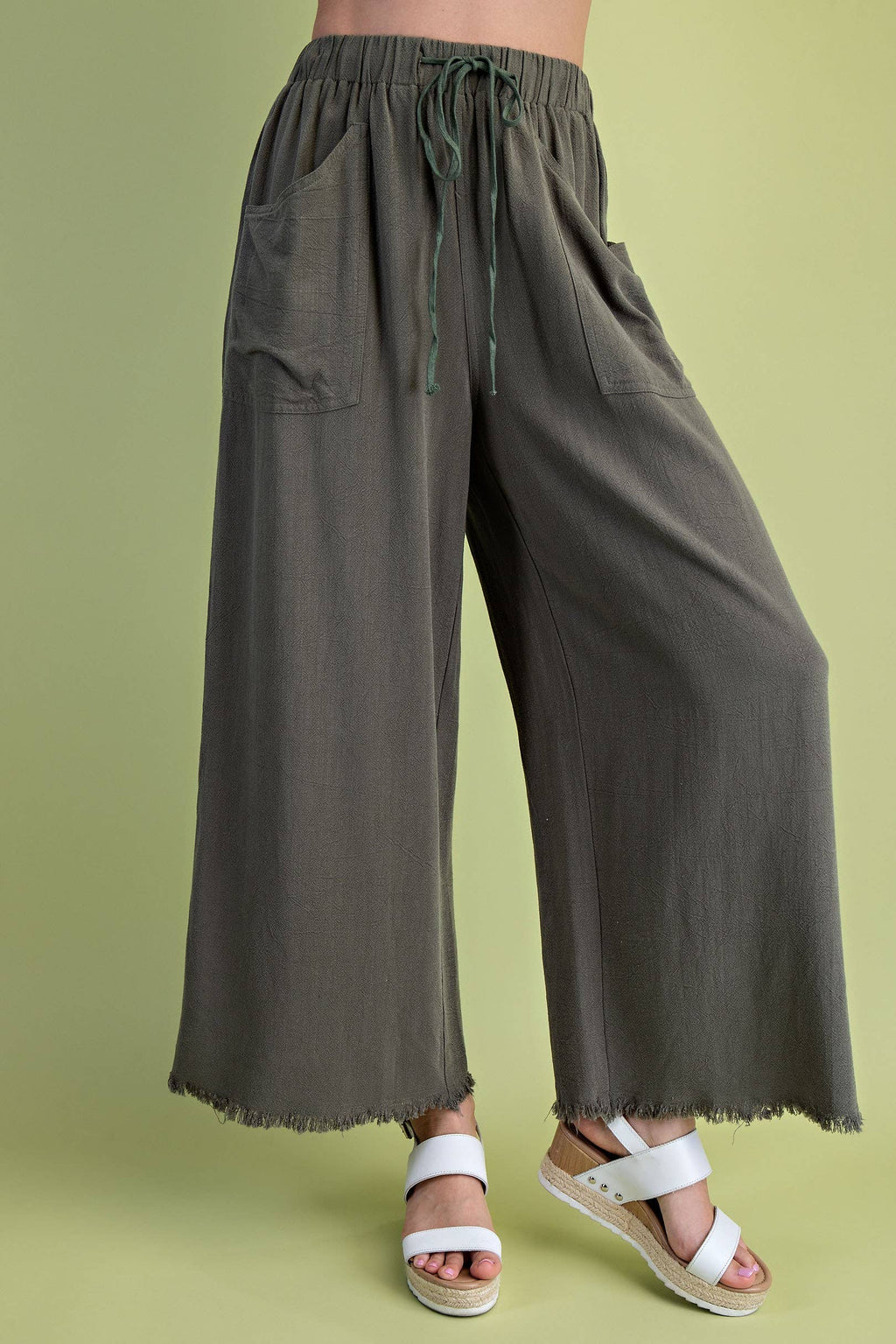 Frayed Cropped Wide Leg Pants -Emerald