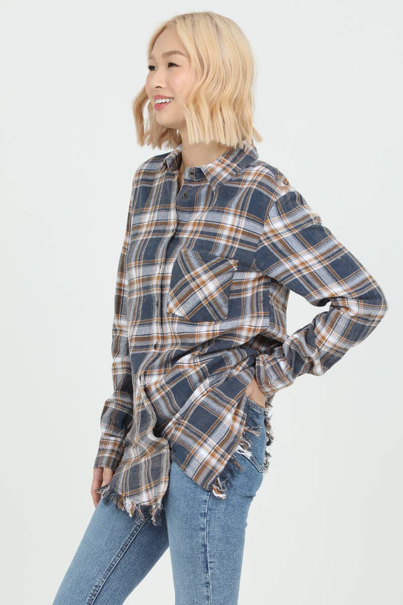 PLAID FRAYED HEM BUTTON shirt