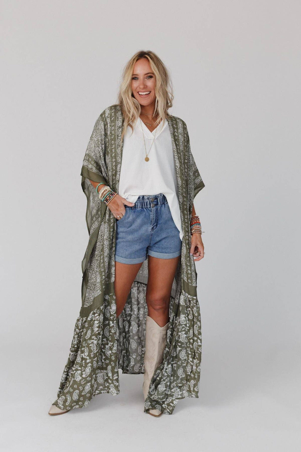 Paisley Tapestry Free Flow Duster Kimono - Olive 3BN
