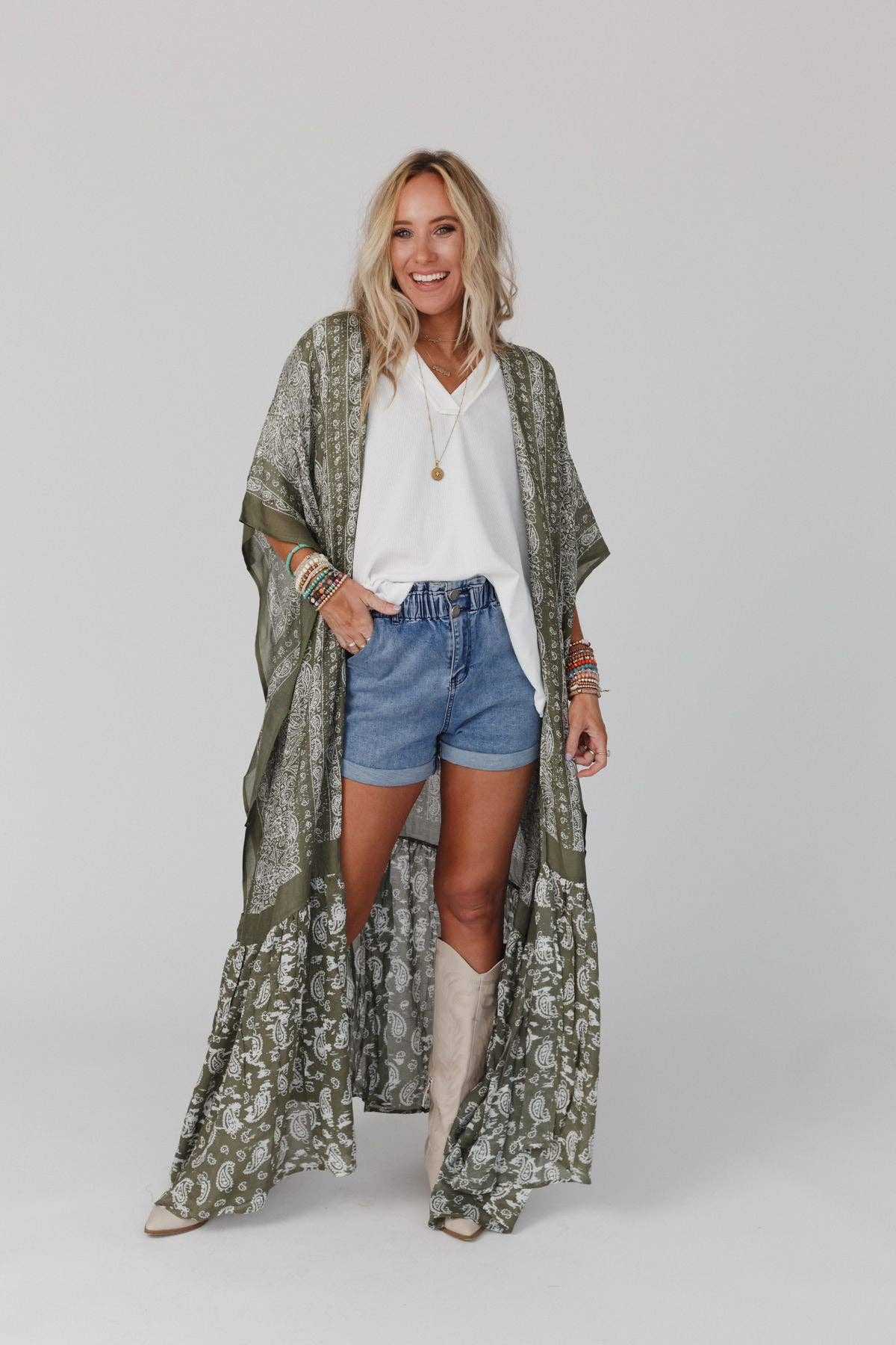 Paisley Tapestry Free Flow Duster Kimono - Olive 3BN