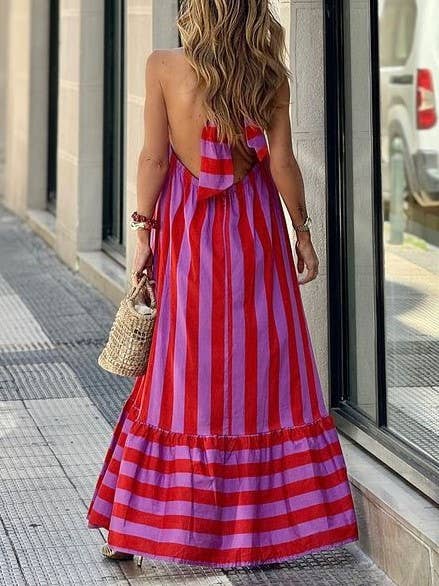 Halterneck Backless Striped Print Maxi Dress