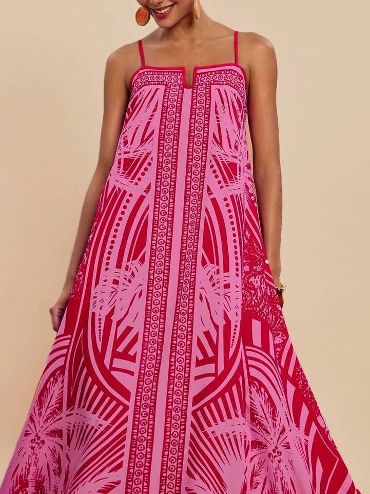 Tropical palm print swing maxi strappy dress - fuchsia