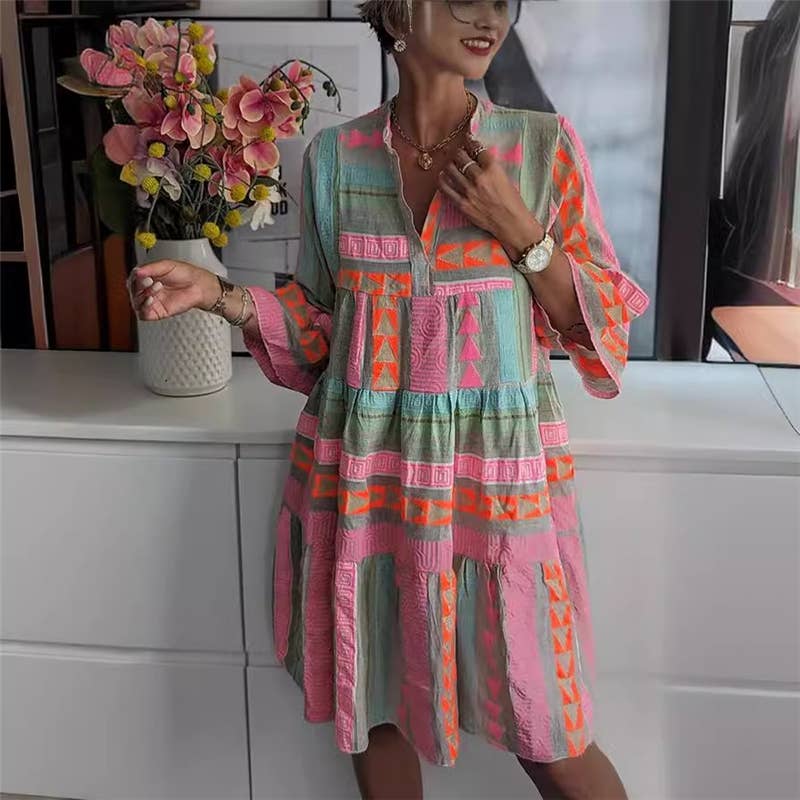 Floral Print V-Neck Mini Dress With Half Sleeves