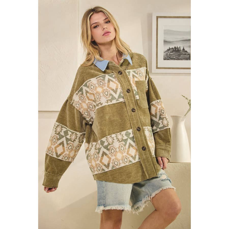 WASHED AZTEC PRINTED MIXED BUTTON DOWN SHACKET