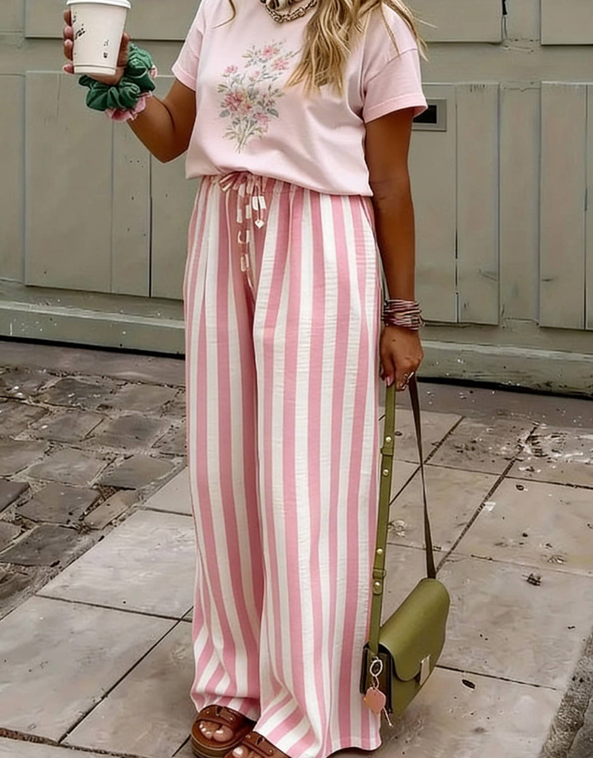 Light Blue Boho Beach Vertical Stripe Lace-Up Pants
