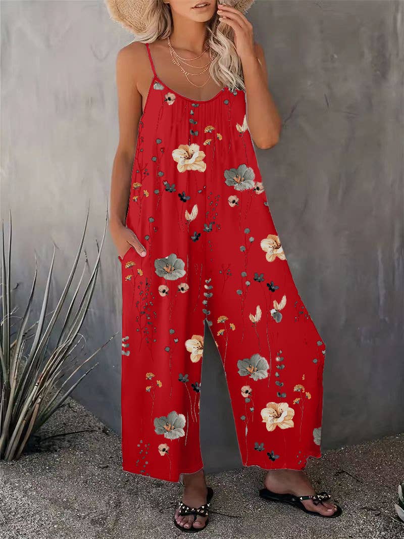 Casual Sleeveless Floral Print Jumpsuit- select color