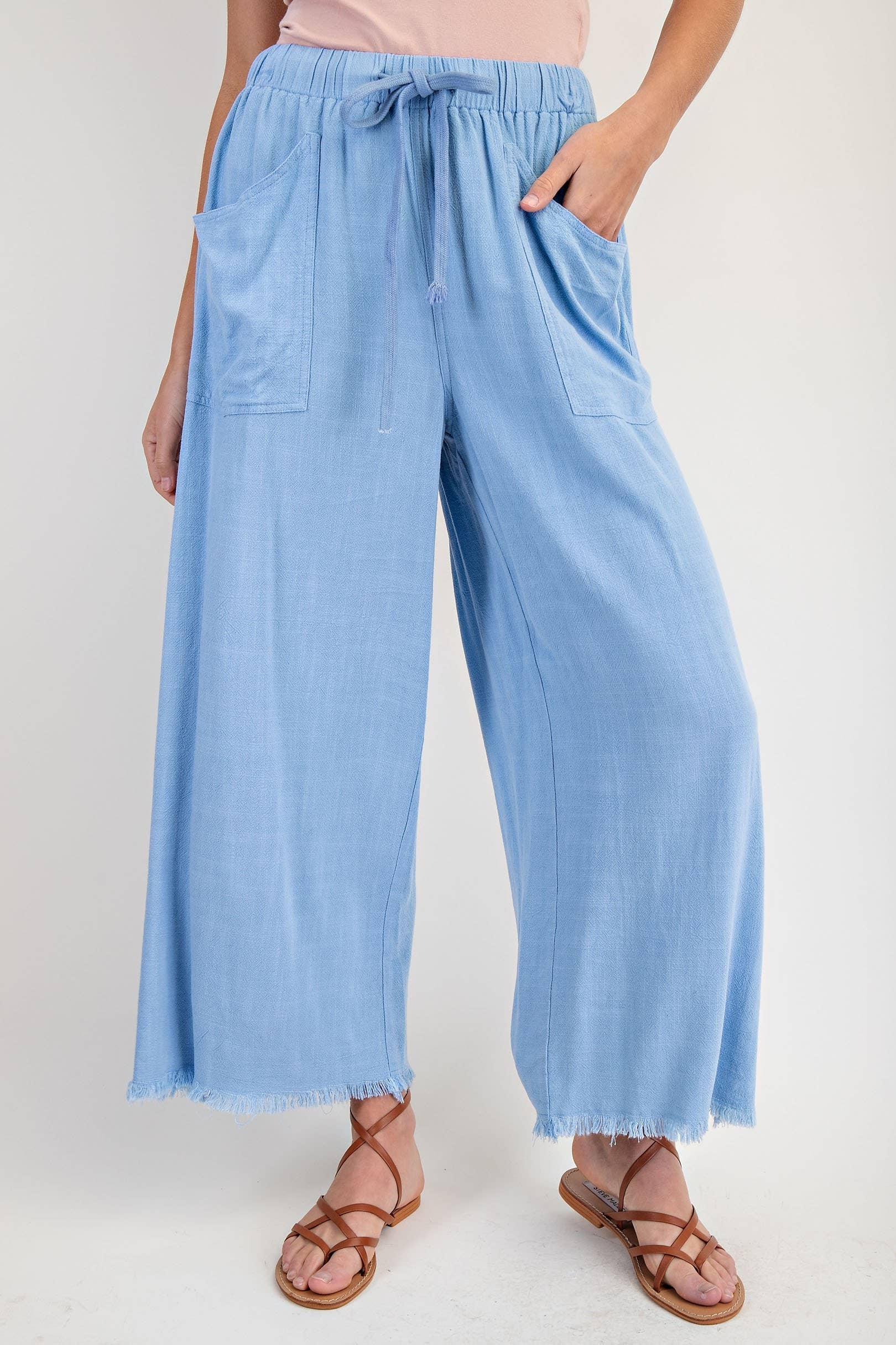 Frayed Cropped Wide Leg Pants -Emerald