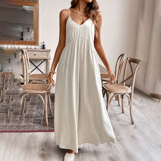 Halter loose solid color cotton linen dress